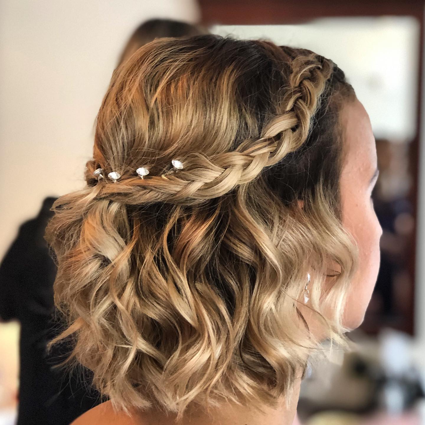 braided half up half down short bridesmaid hairstyle via hayleypennyhairstylist