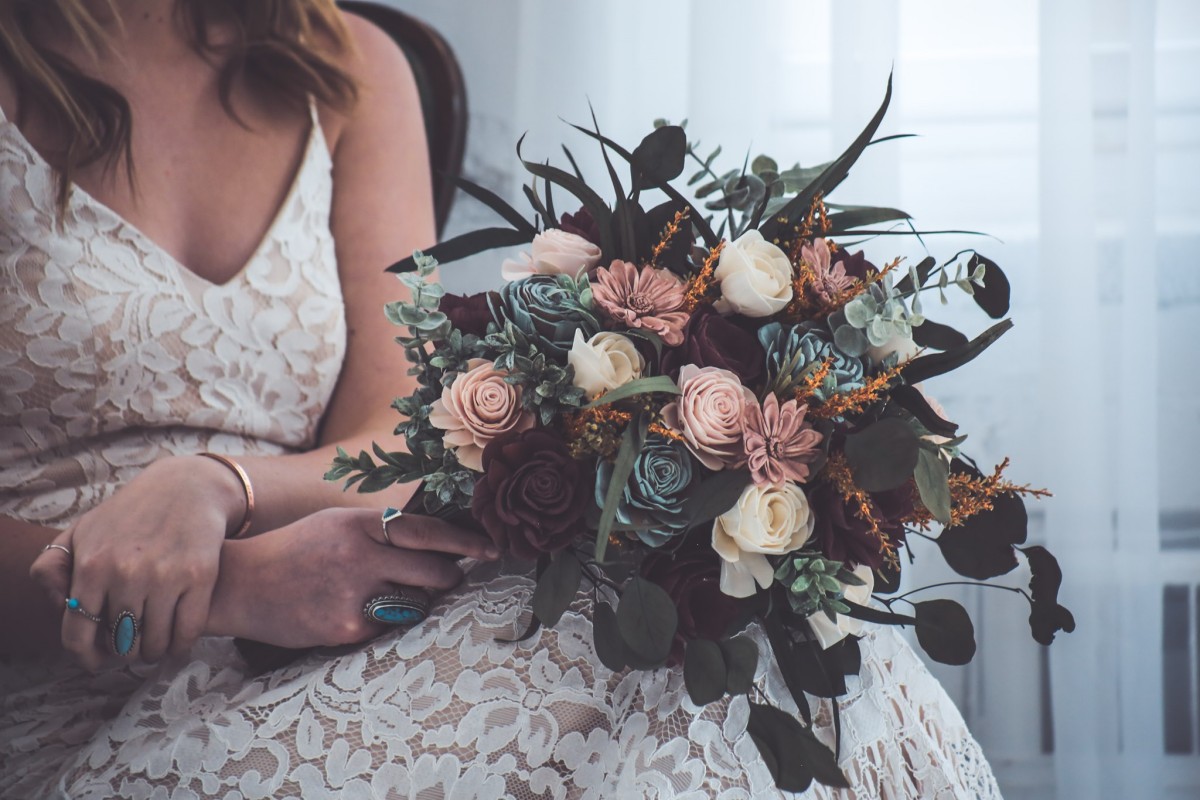 dusty rose and greenery sola wood wedding bouquet