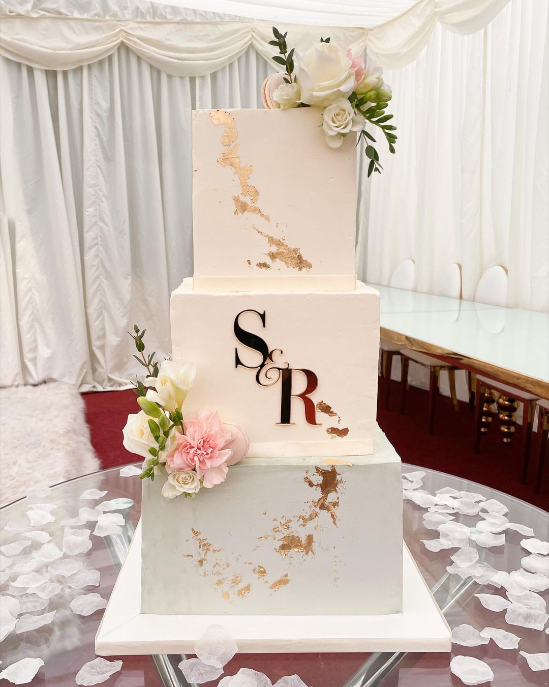 elegant square wedding cake with gold foil via classacakes