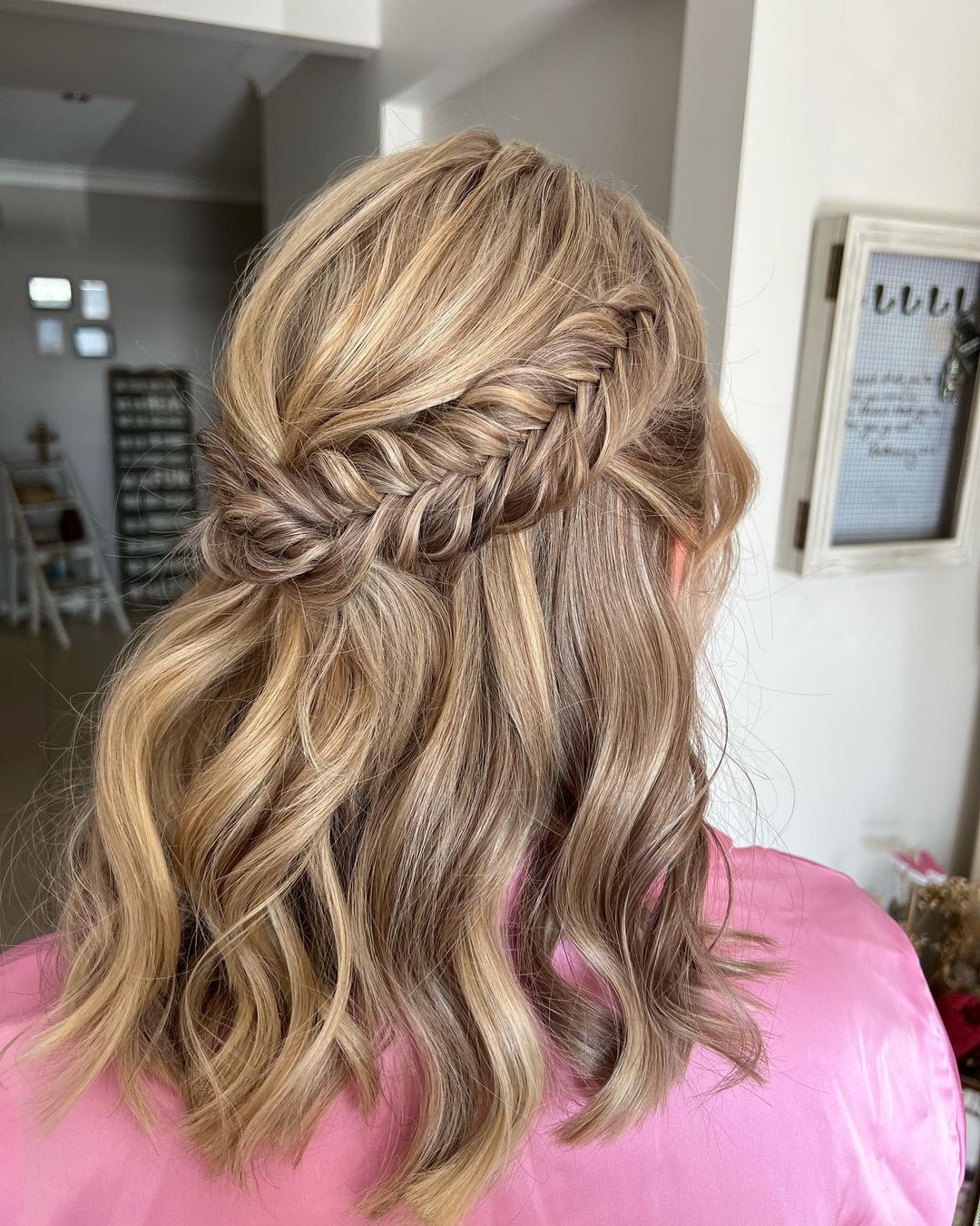 french braided flower corwn half up half down prom hairstyle for short hair via viahairbylaceygc