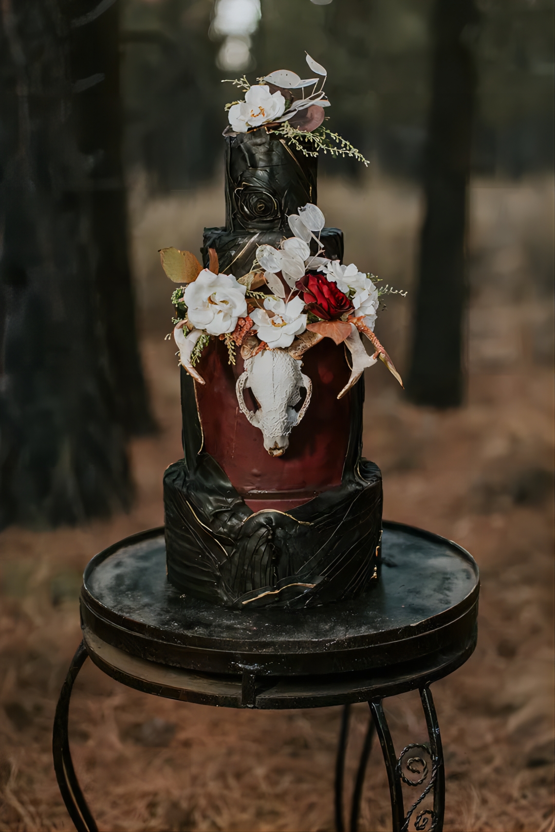 gothic halloween black red and white wedding cake