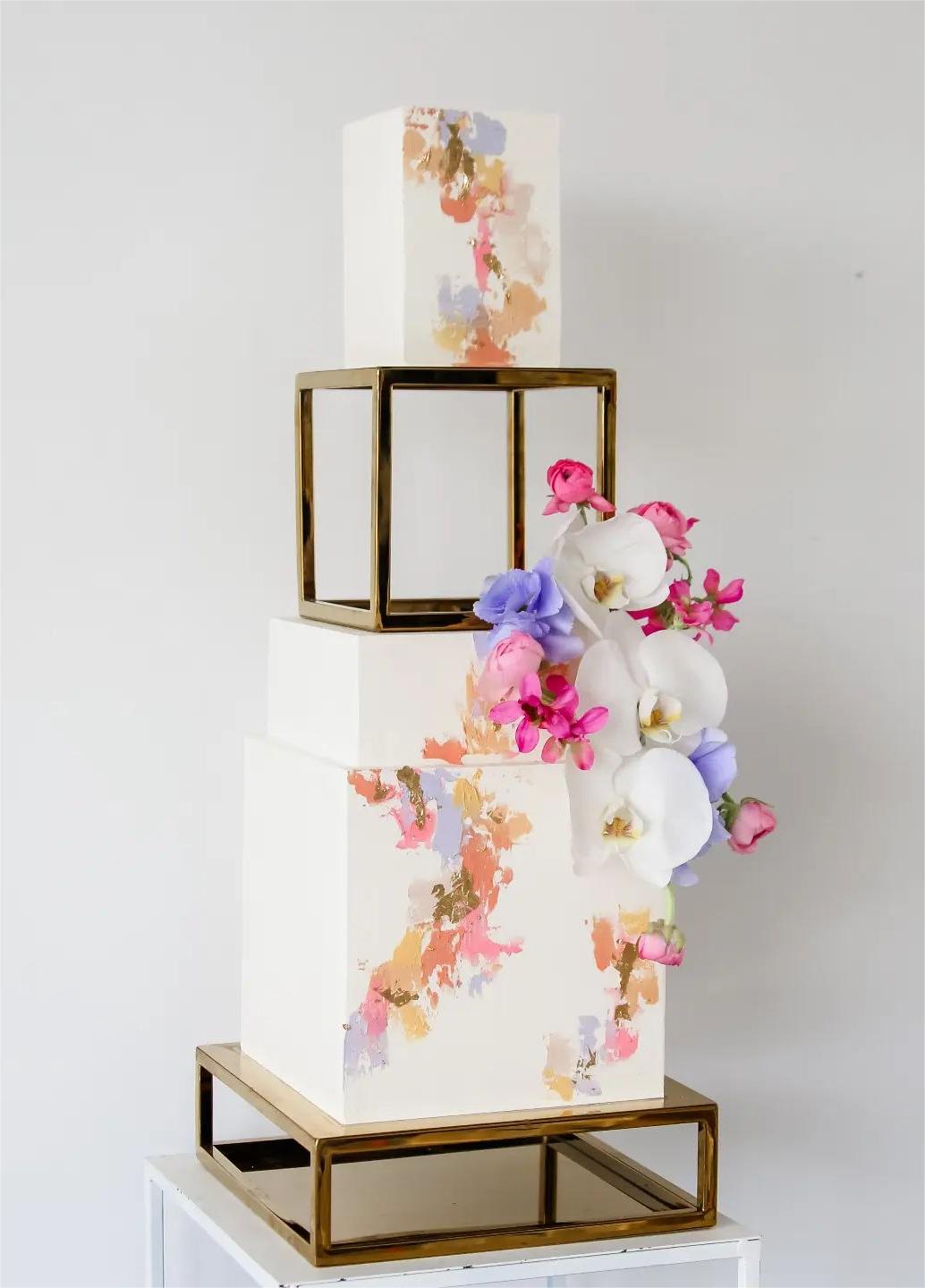 modern square wedding cake with metal box via sallycoopercakeartist