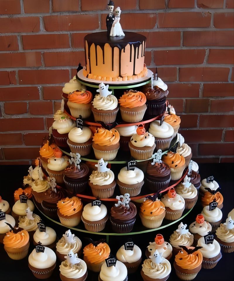 orange and white halloween wedding cake with cupcakes