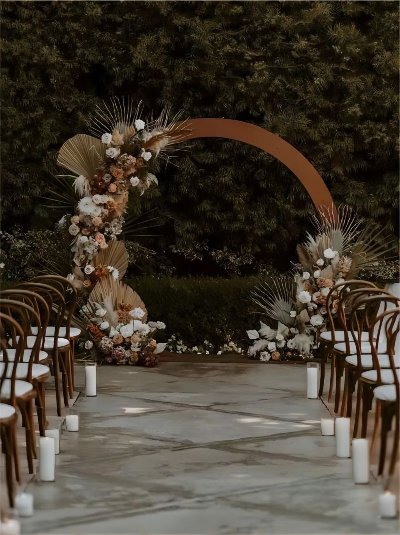 rustic circle wood boho Wedding ceremony arch with dried flowers