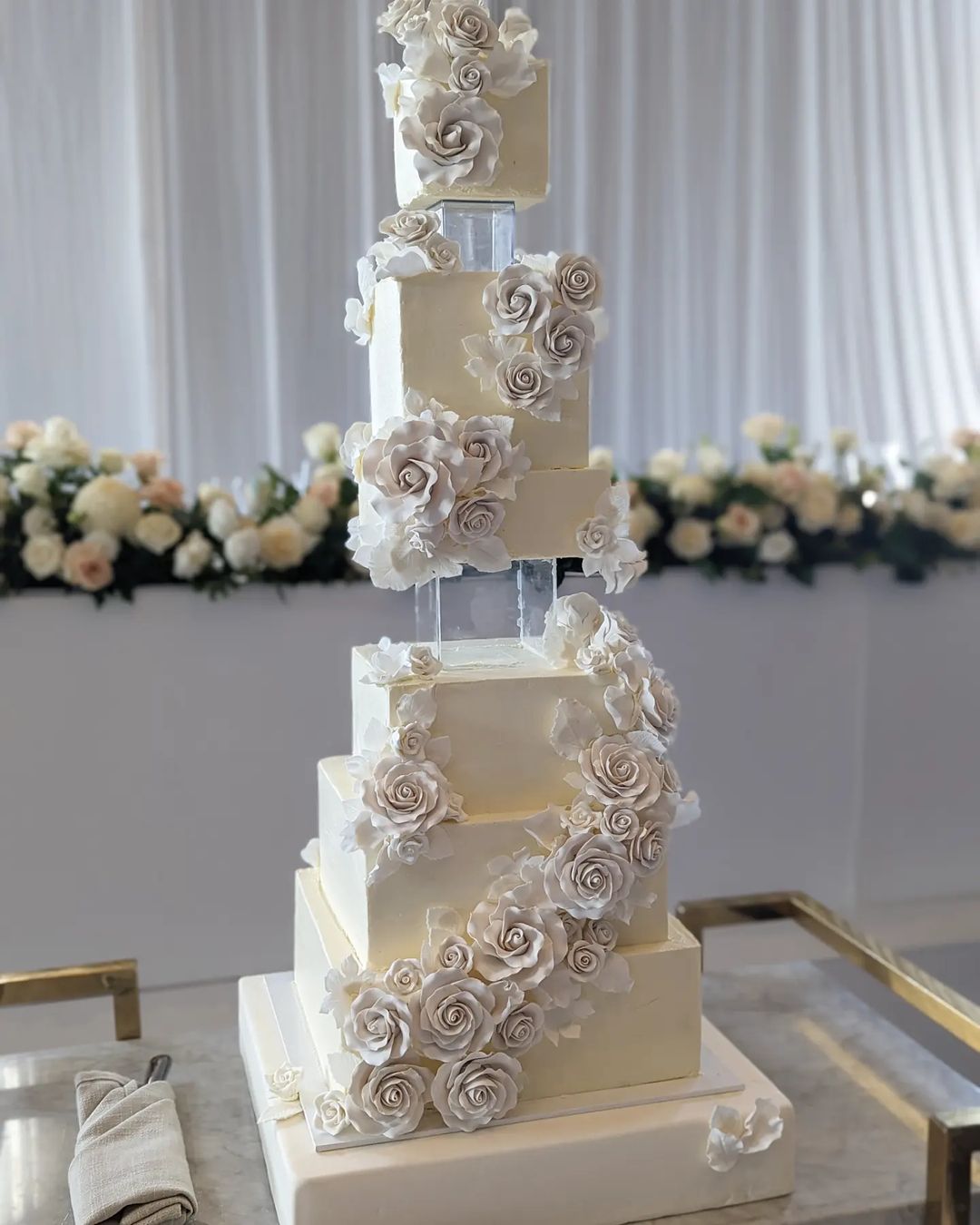 vintage all white square floating wedding cake via frangipaniscakes