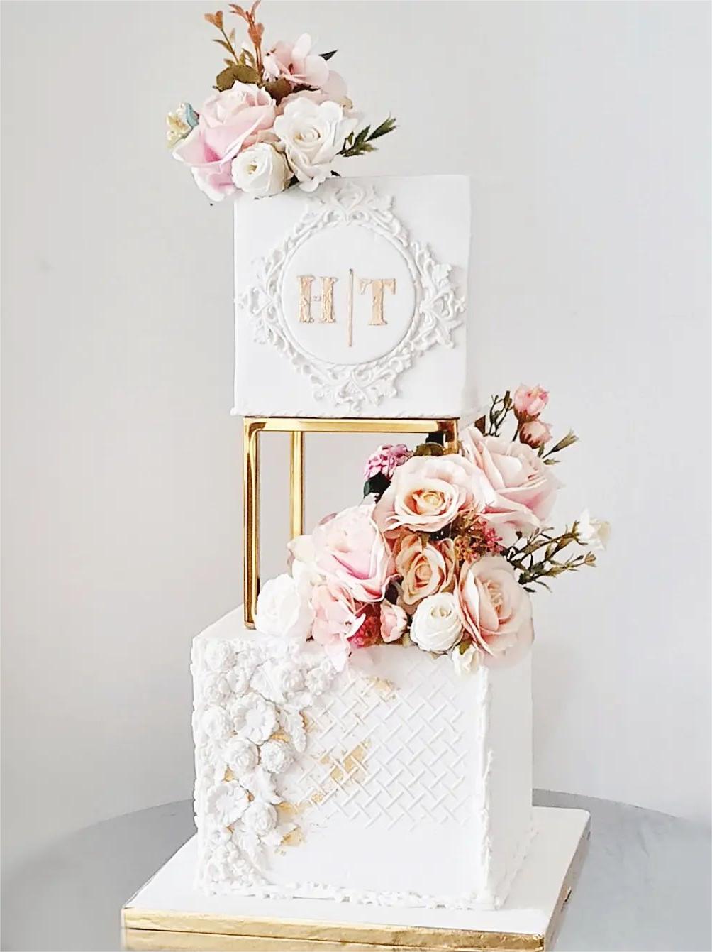 vintage boho square wedding cake with blush pink roses via fabcakesnewcastle