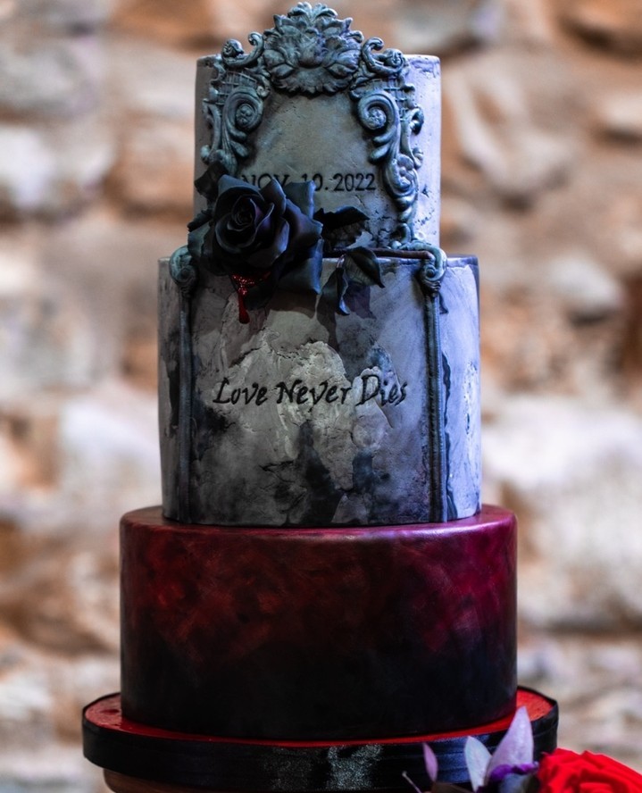 vintage gothic grey and red halloween wedding cake