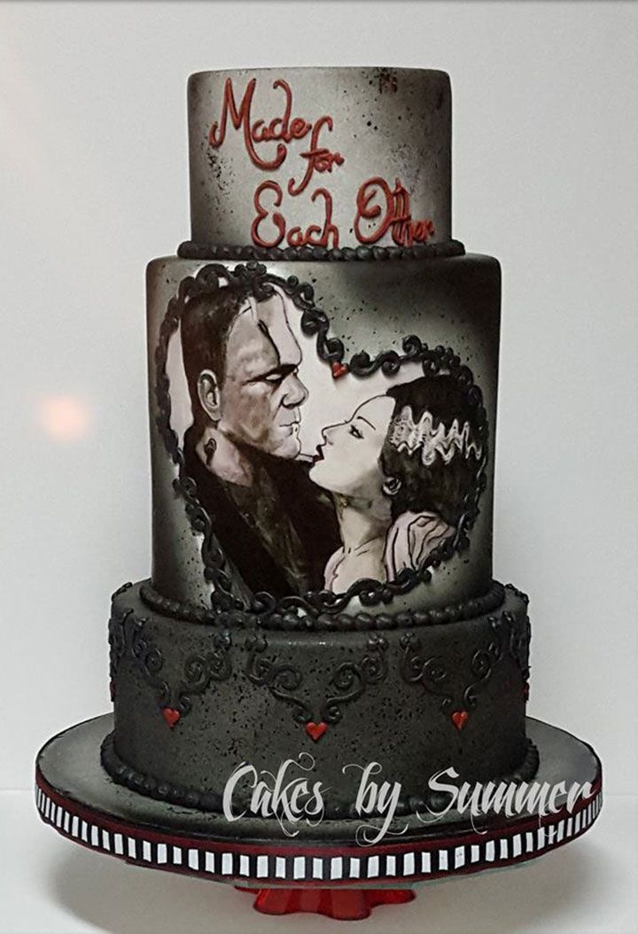 white and black halloween wedding cake