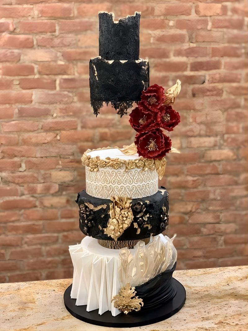 white black gold and red vintage halloween wedding cake