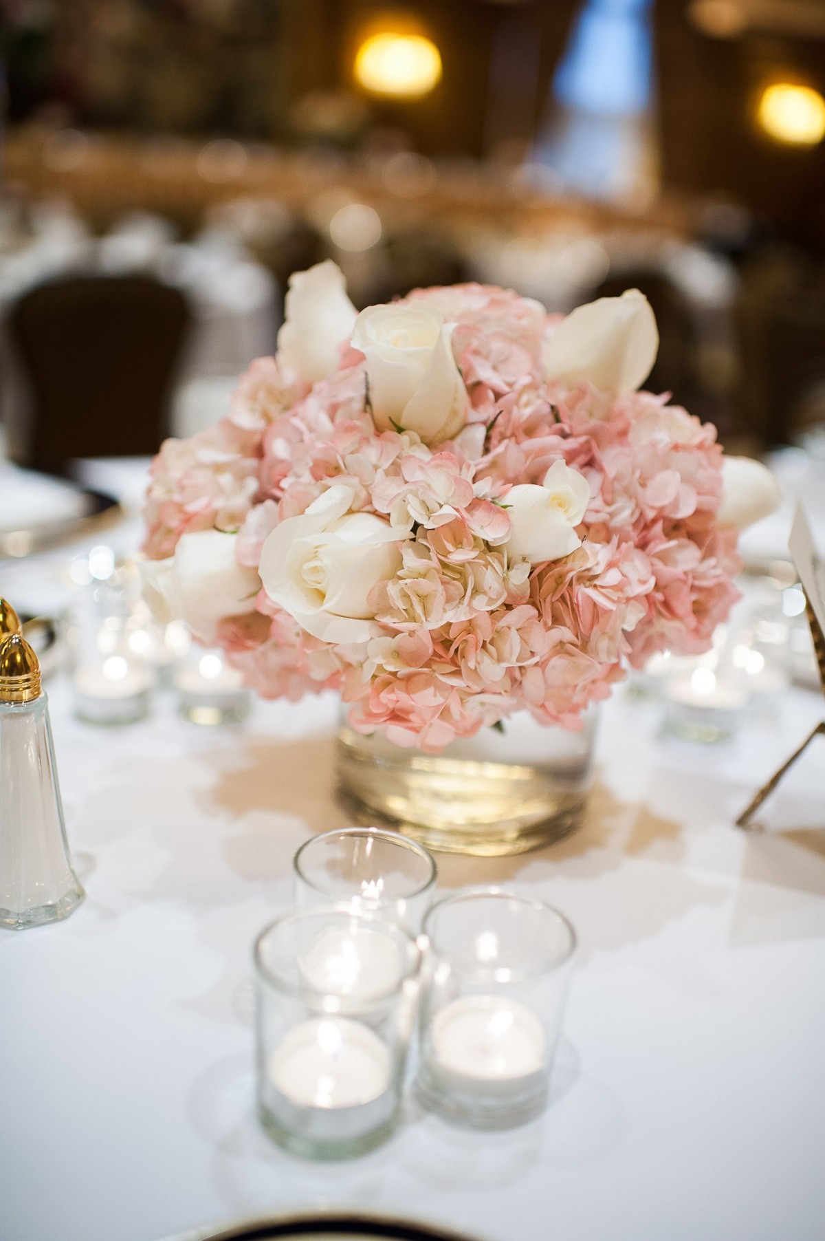Pink Hydrangea and White Rose Wedding Centerpiece