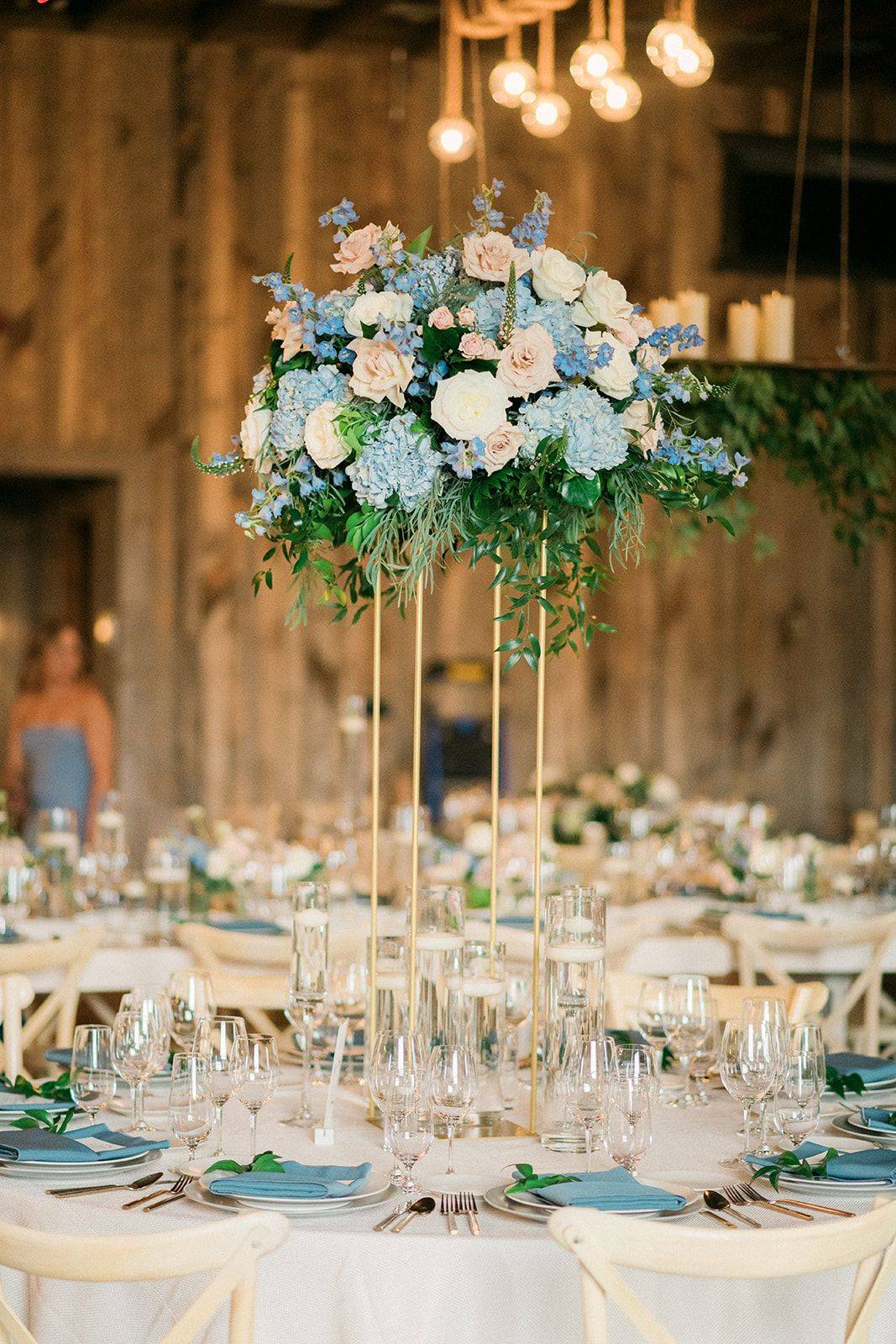 White Blush and Blue Rustic Ranch Wedding Tall Round Table Centerpiece