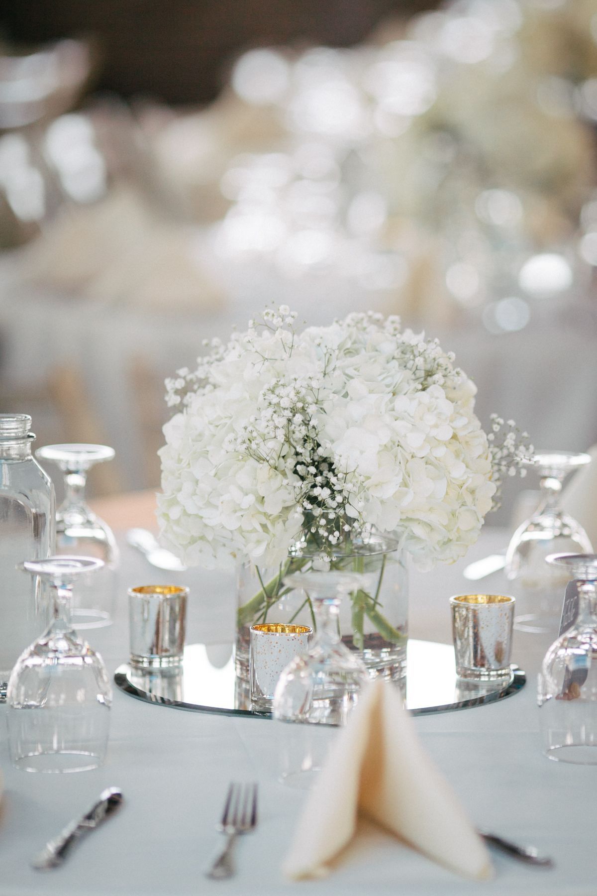 White Hydrangea and Baby's Breath Centerpieces