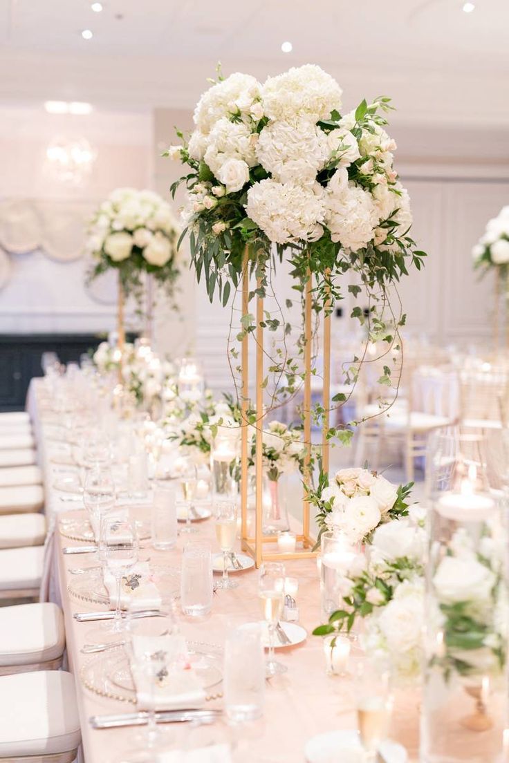 White Hydrangea and Gold Tall Wedding Reception Centerpiece