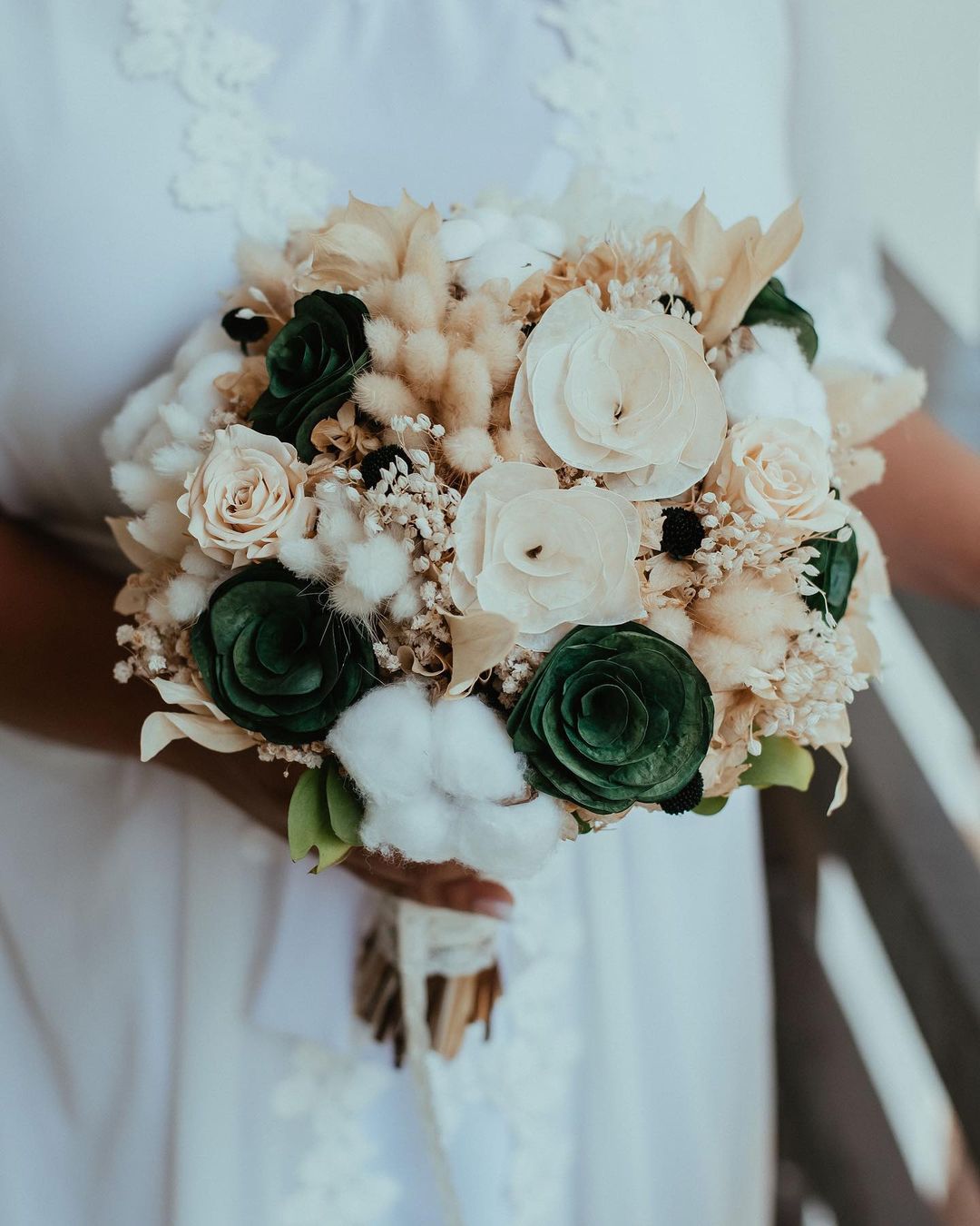 georghyna.atelierustic dried flower emerald and beige wedding bouquet via r.floral