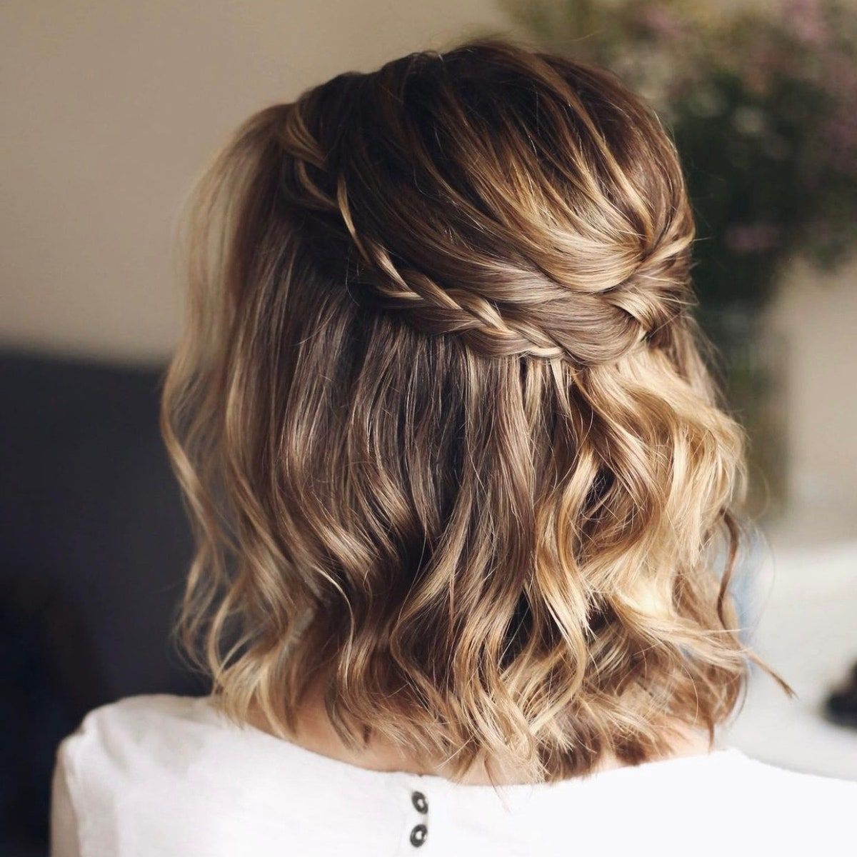 half up half down braided bridesmaid hairstyle for short hair