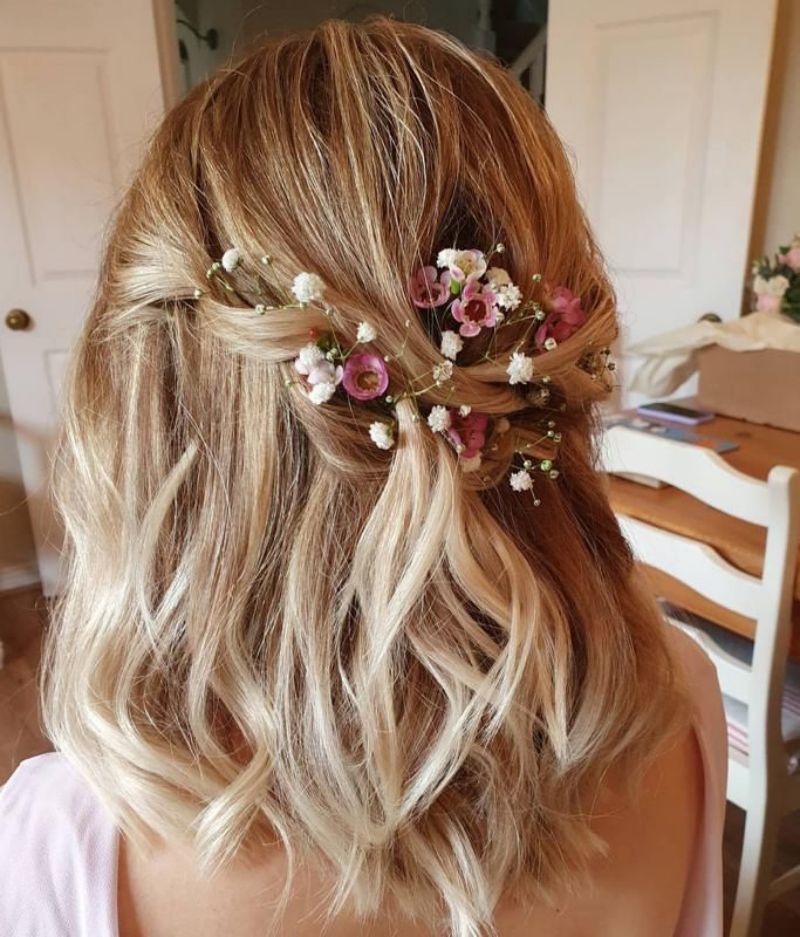 half up half down braided flower short bridesmaid hairstyle
