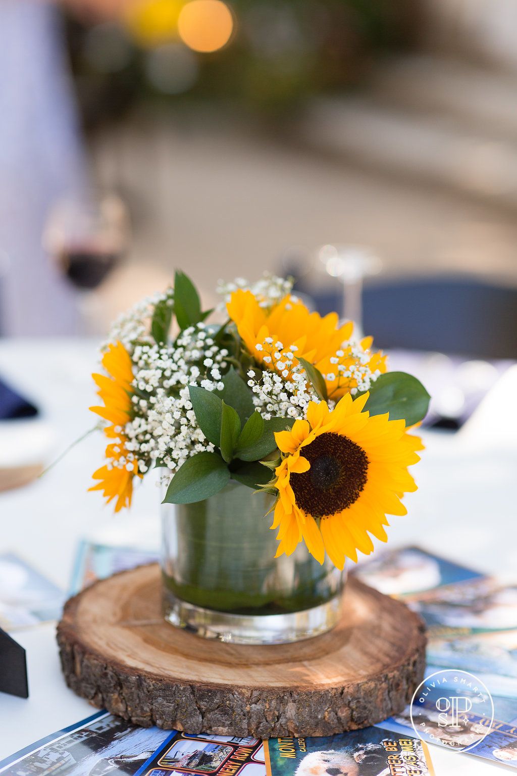 rustic sunflowers and baby's breath in tincan wedding centerpiece