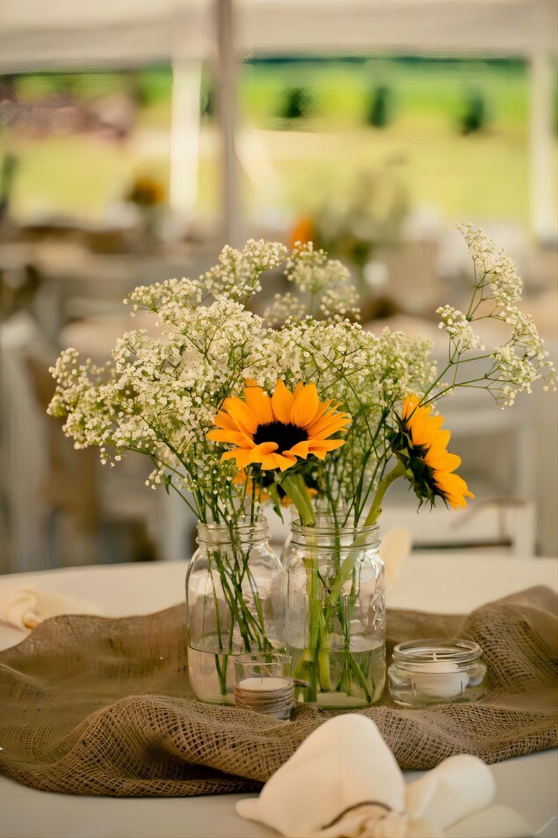 rustic sunflowers and babys breath wedding centerpiece