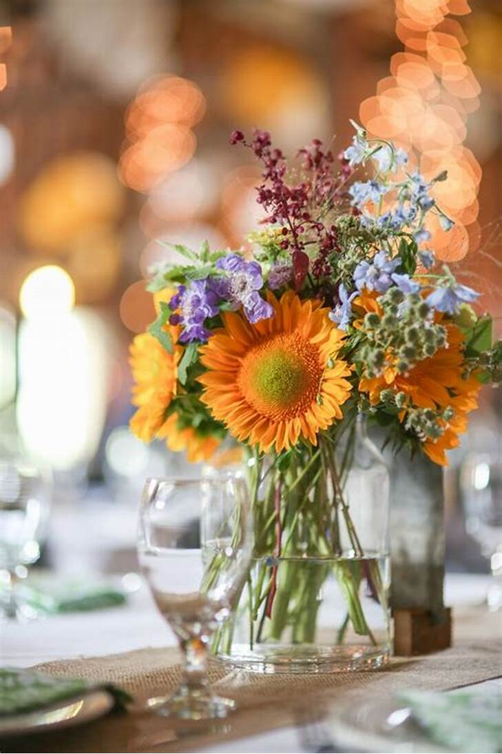 rustic wildflowers and sunflower wedding centerpiece