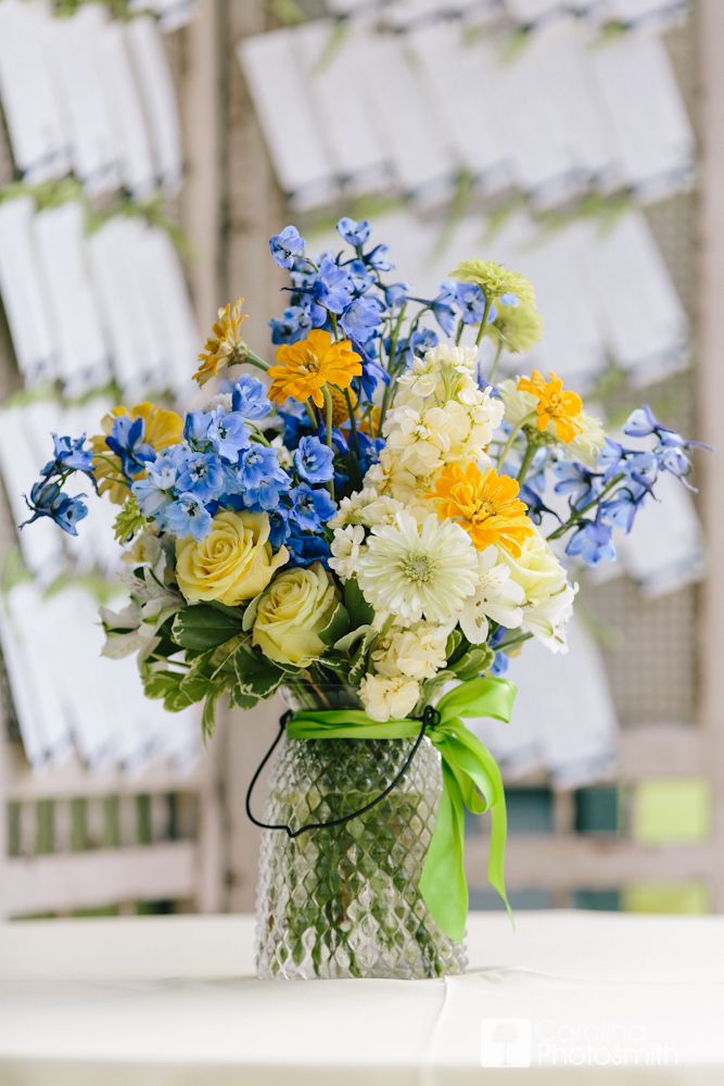 summer blue and yellow wedding centerpiece