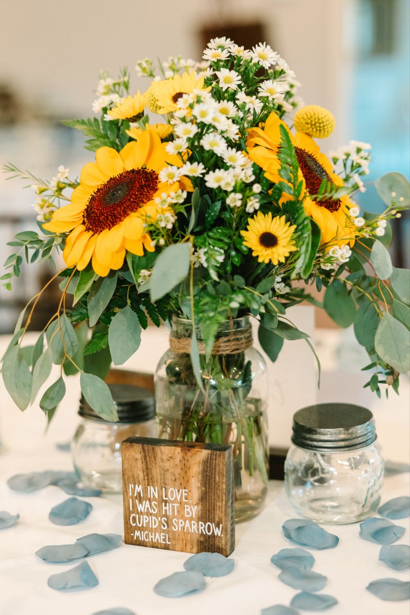 sunflower wedding centerpiece with wood quote mini sign