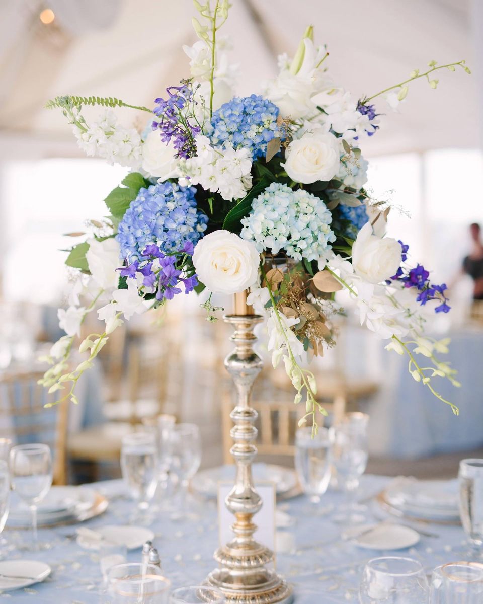 vintage blue and purple tall hydrangea wedding centerpiece