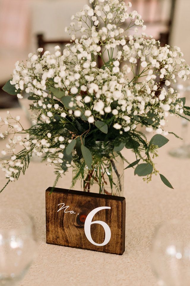Baby's Breath Wedding Centerpieces with Wood Table Number