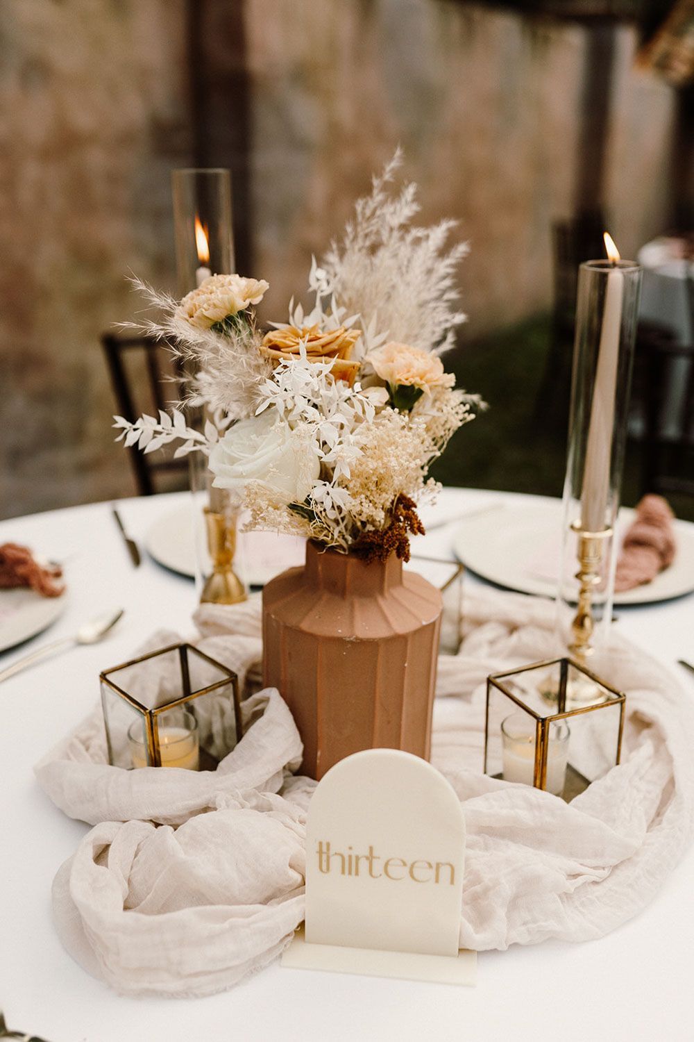 Boho Glam Modern Terracotta and Cube Wedding Centerpiece