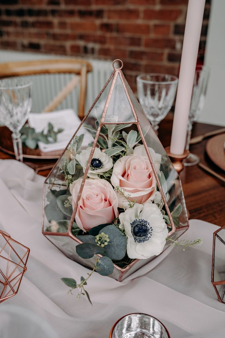 Flowers in glass geometry bohemian wedding centerpiece