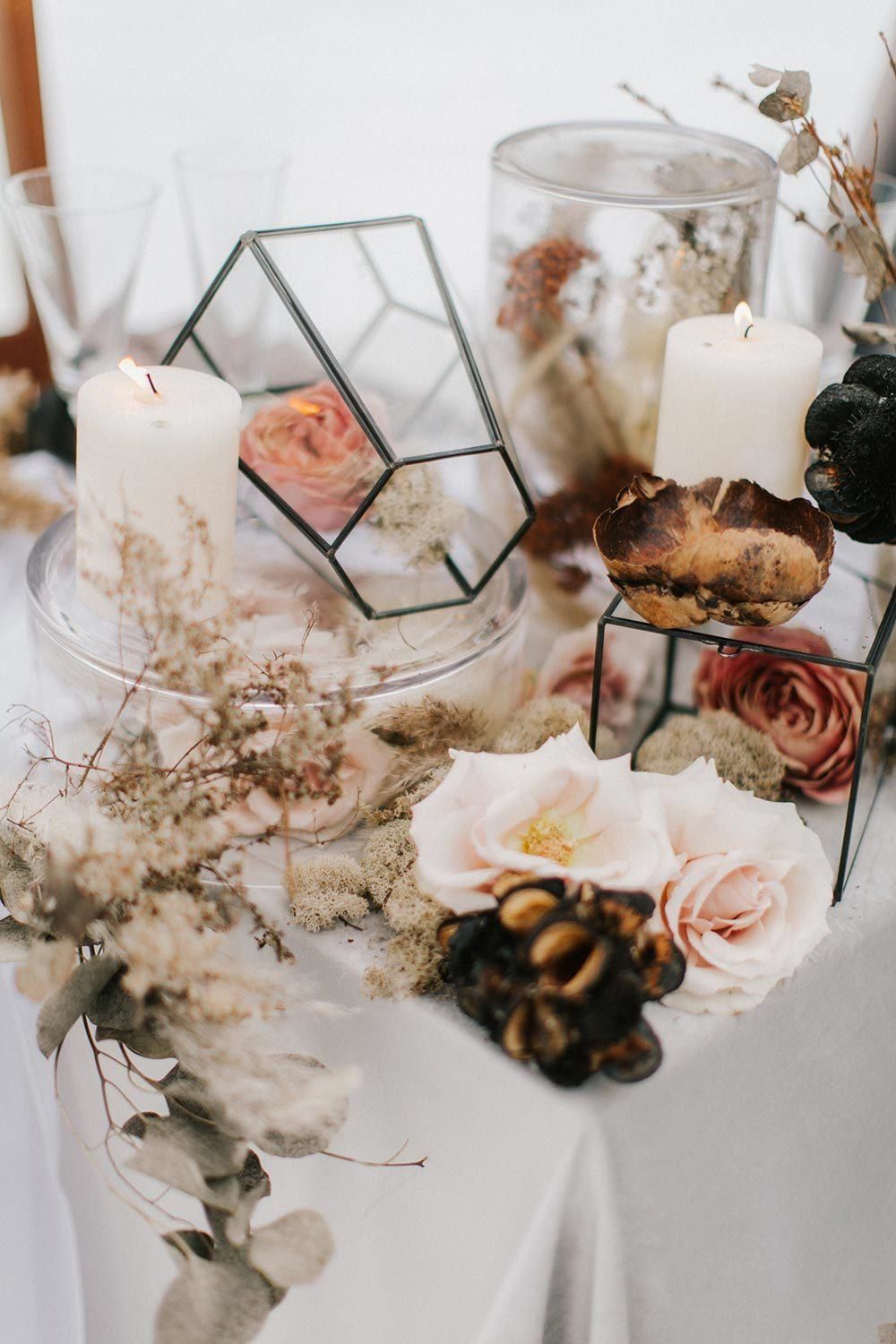 Geometry pampas grass and candle wedding centerpiece