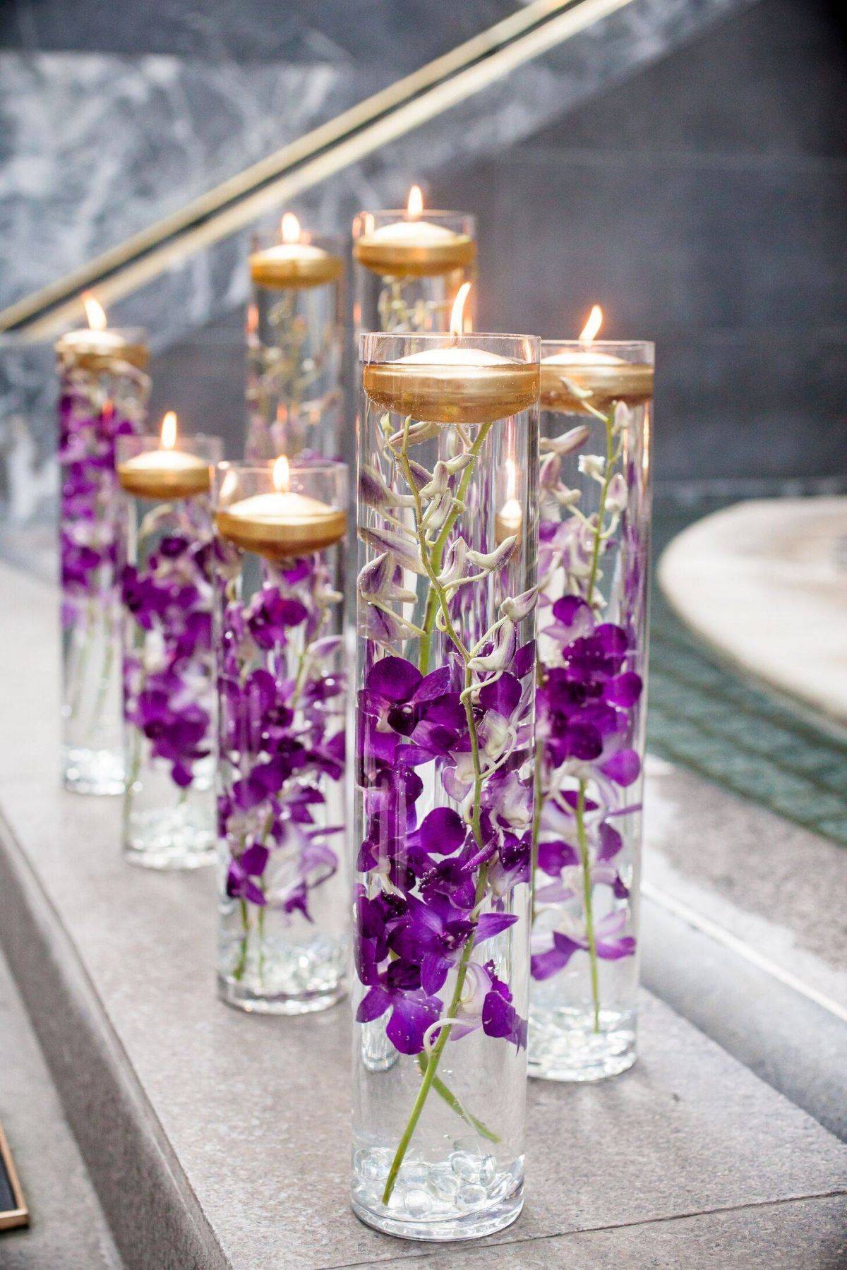 Glass Vases Wedding Centerpiece With Purple Orchids and Floating Candles