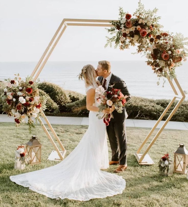 Hexagonal Metal Wedding Arch with Burgundy Flowers