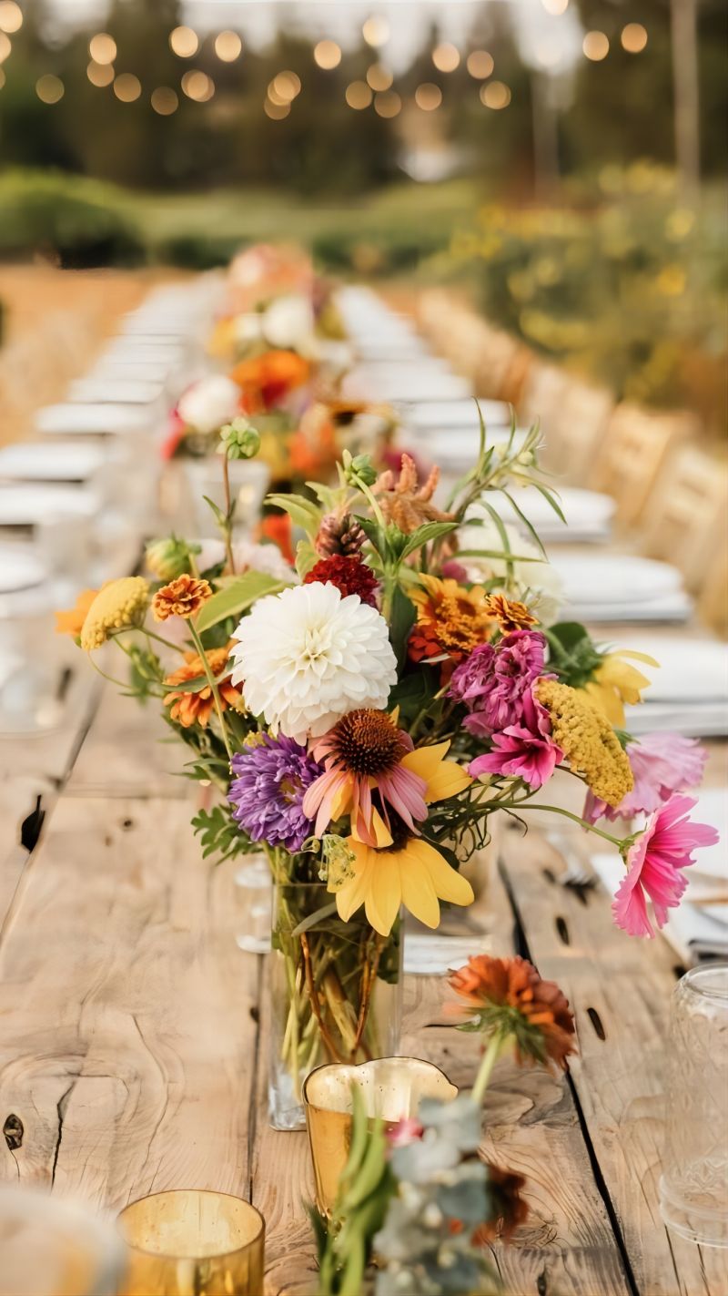 backyard wildflower bohemian wedding centerpiece