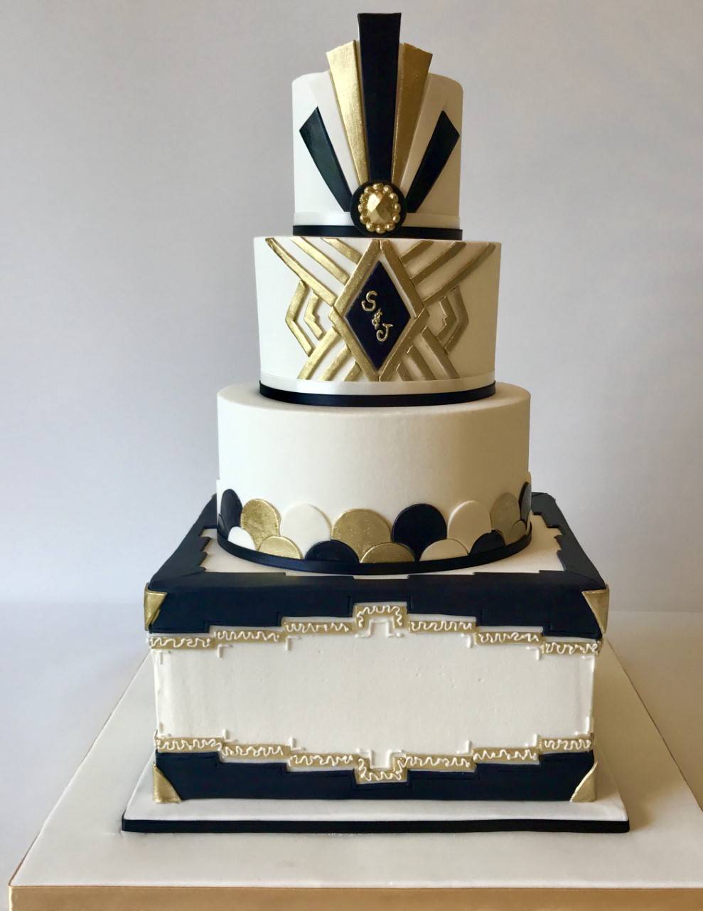 black gold white art geo wedding cake