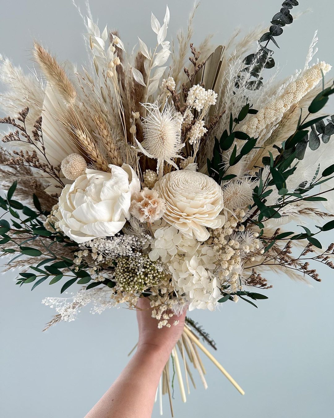 bohemian ivory and green dried flower wedding bouquet via pampasoutlet