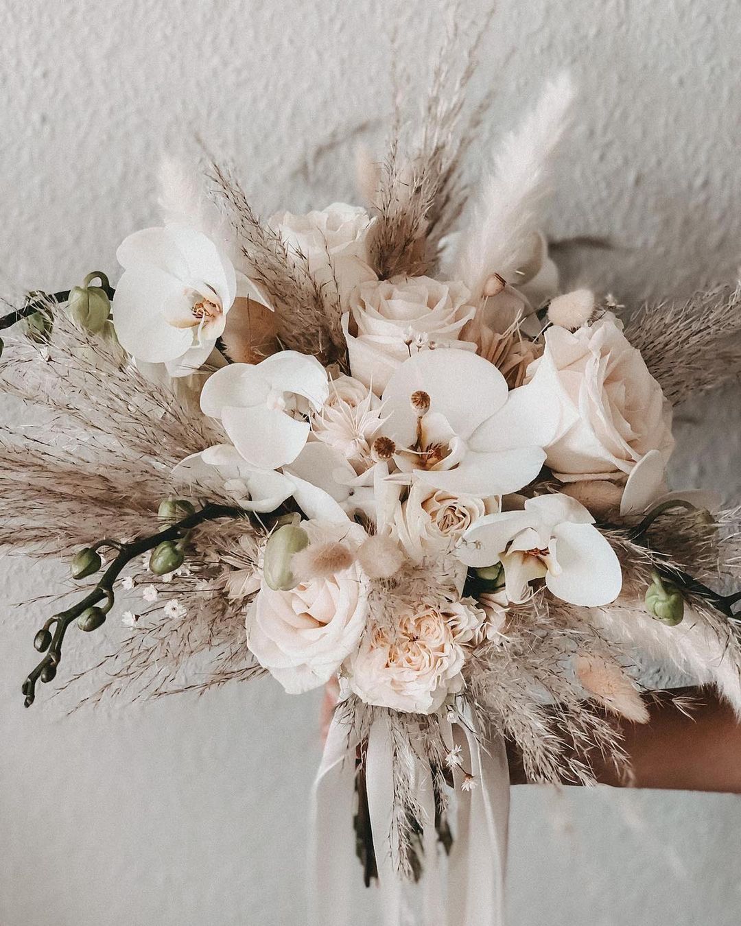 bohemian orchids pampas grass dried flower wedding bouquet via allurebridals