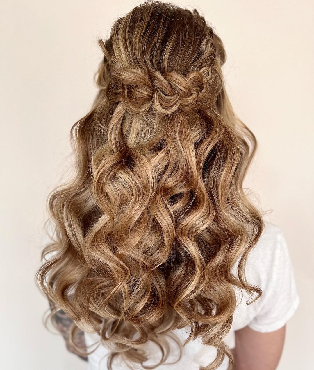 braided crown half up half down long prom hairstyle via shannonsarabridalhair