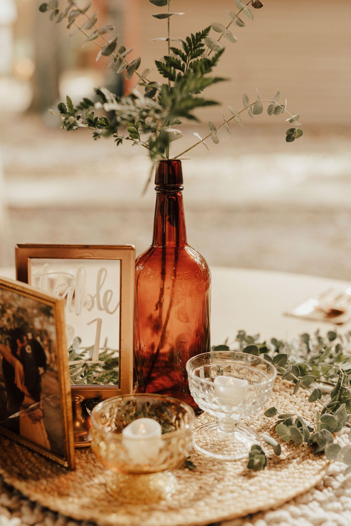 diy bohemian terracotta bottle and mirror table number weddin centerpiece with photo