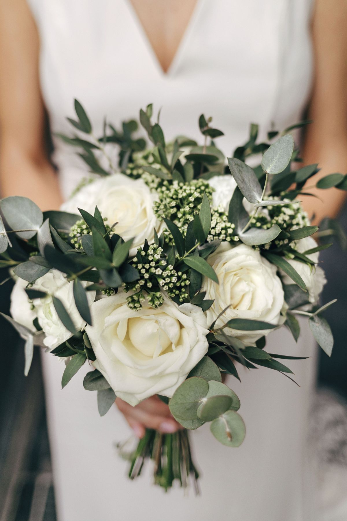 eucalyptus and white roses wedding bouquet