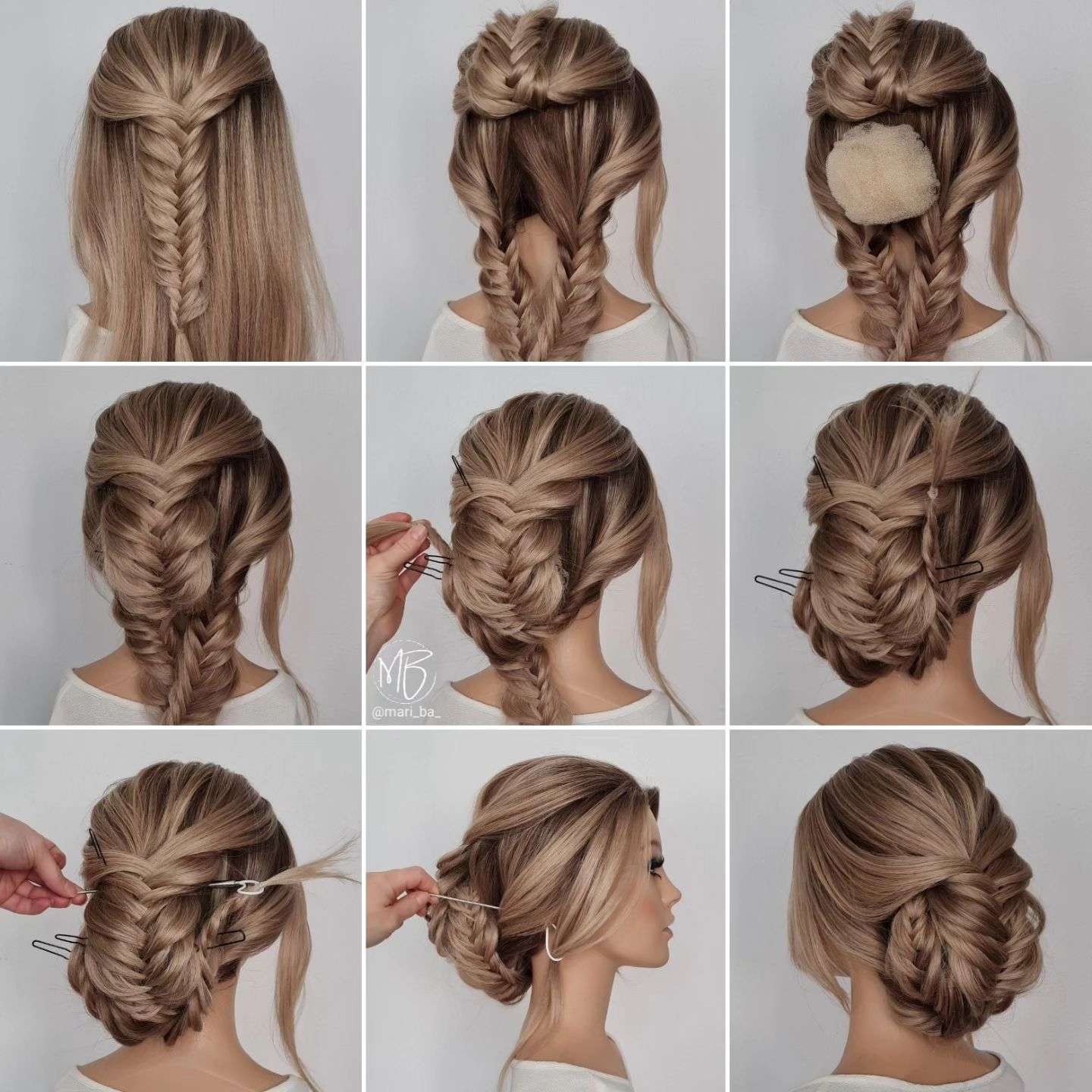 french fishtail braided low bun updo wedding hairstyle via mari_ba