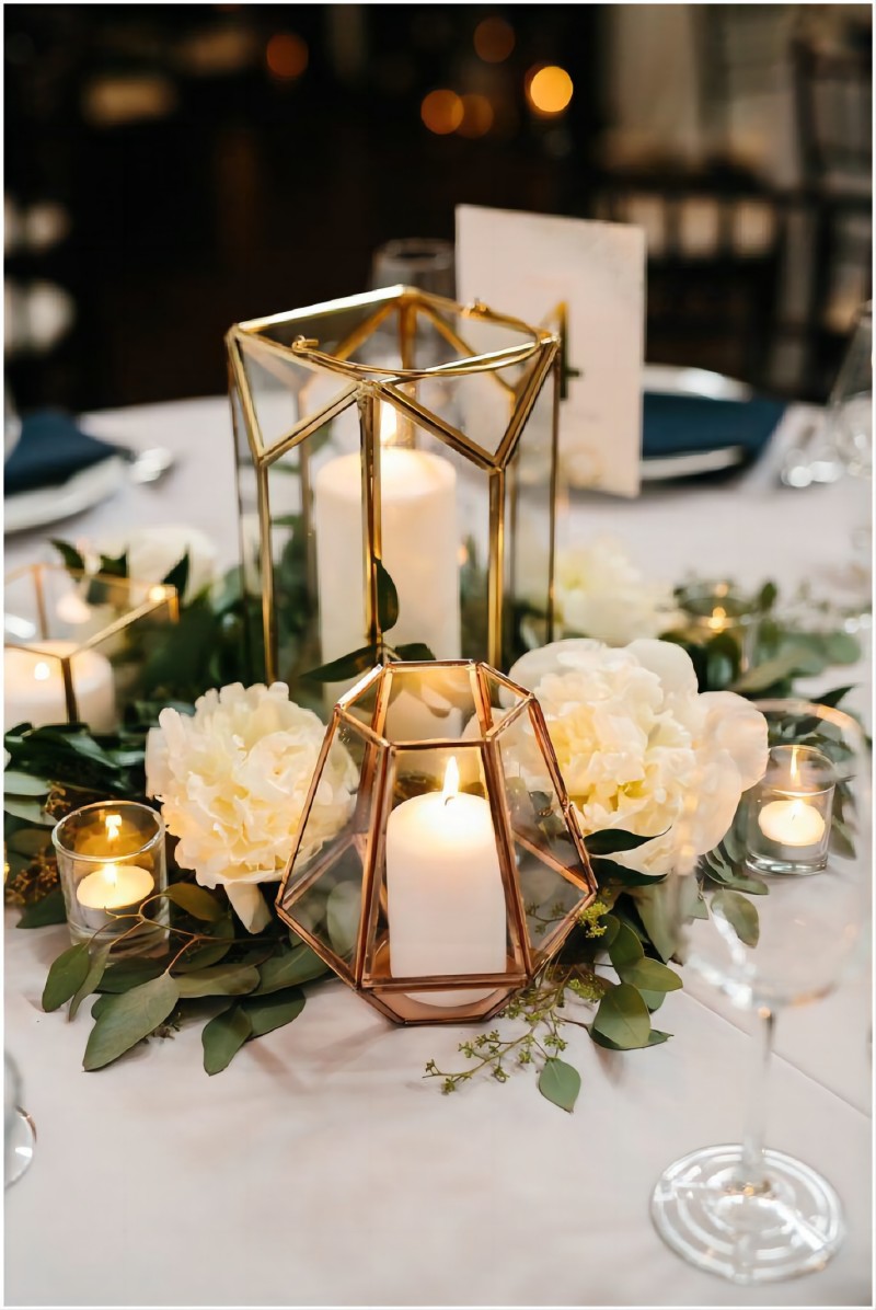 geometry and candle wedding centerpiece with greenery