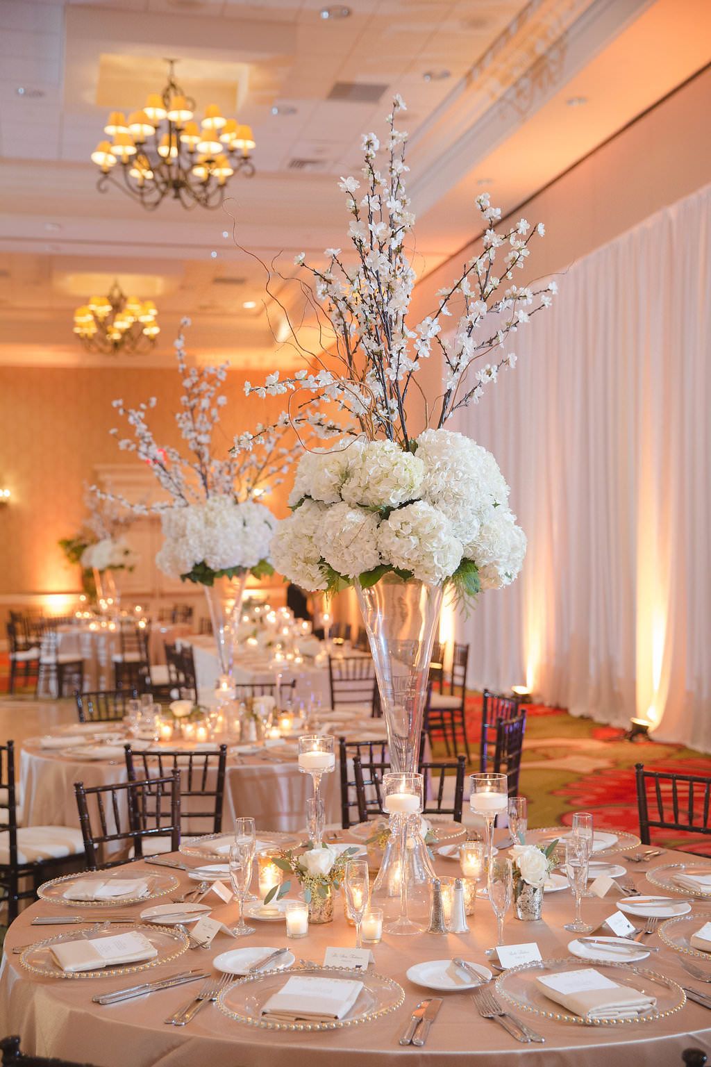 tall hydrangeas and tree branch wedding centerpiece for round table