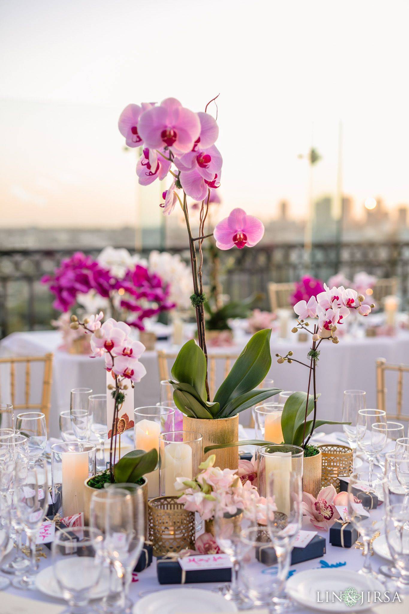 vintage pink potted orchids wedding centerpiece