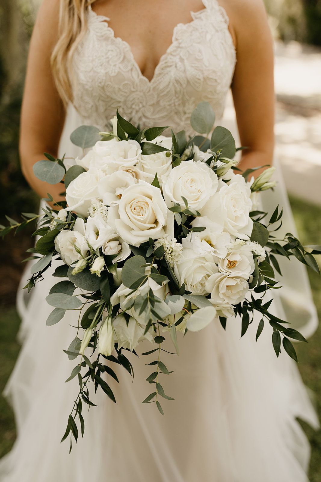 white roses abd eucalyptus wedding bouquet