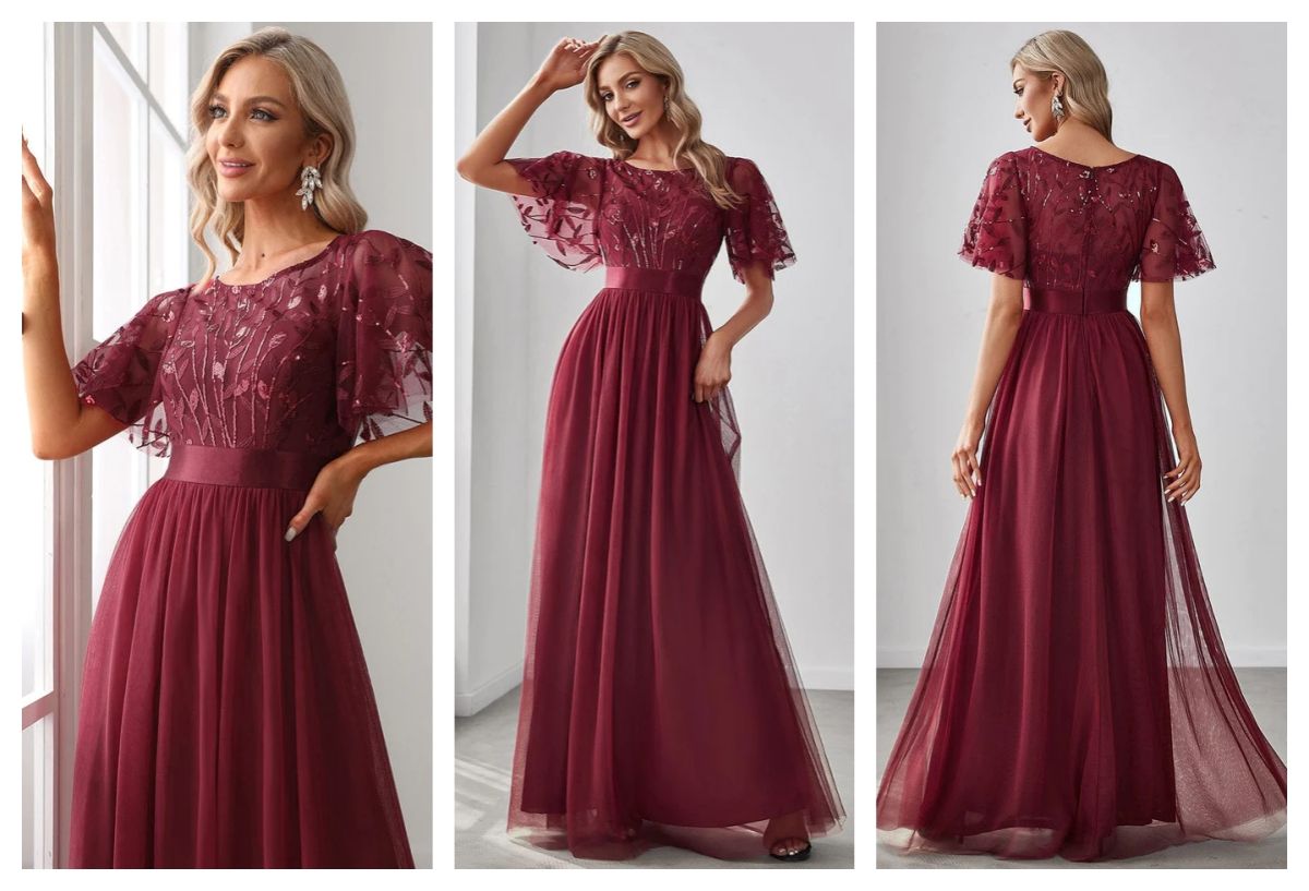 A-Line Sequin Leaf Maxi Formal Dress with Sleeves