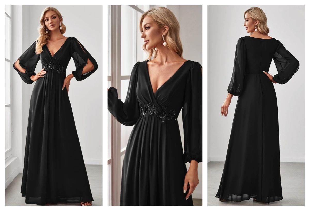 Chiffon V-Neckline Long Sleeve Formal Evening Dress