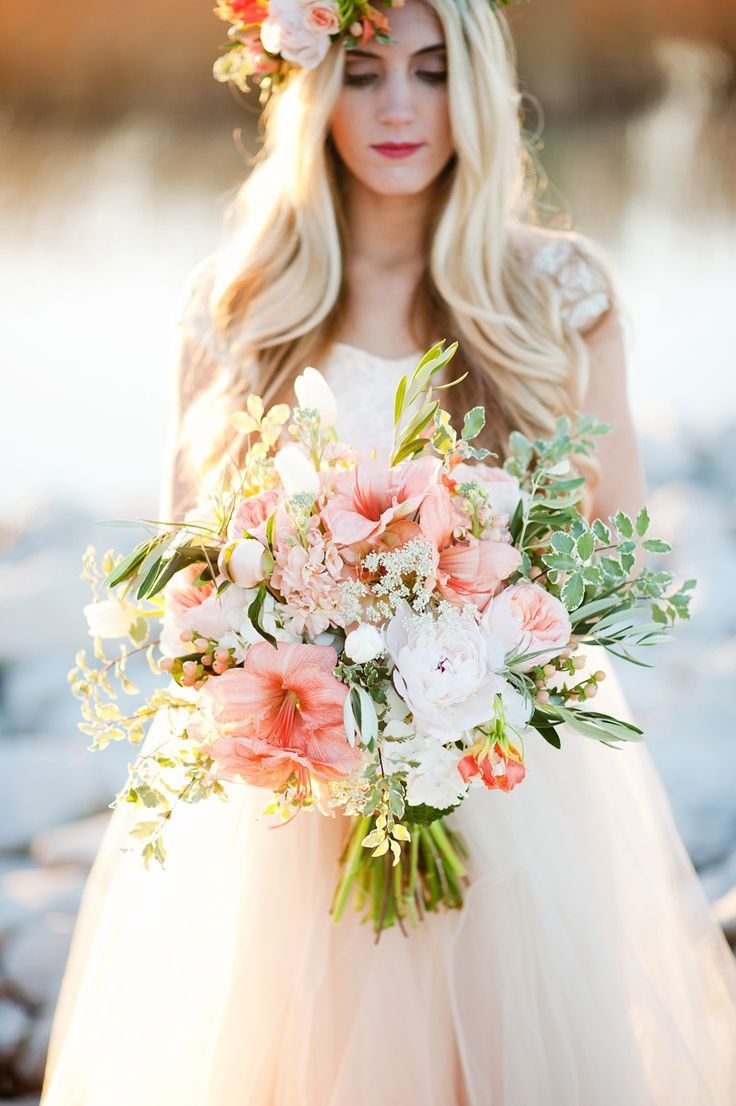 Peach tropical hibiscus wedding bouquet