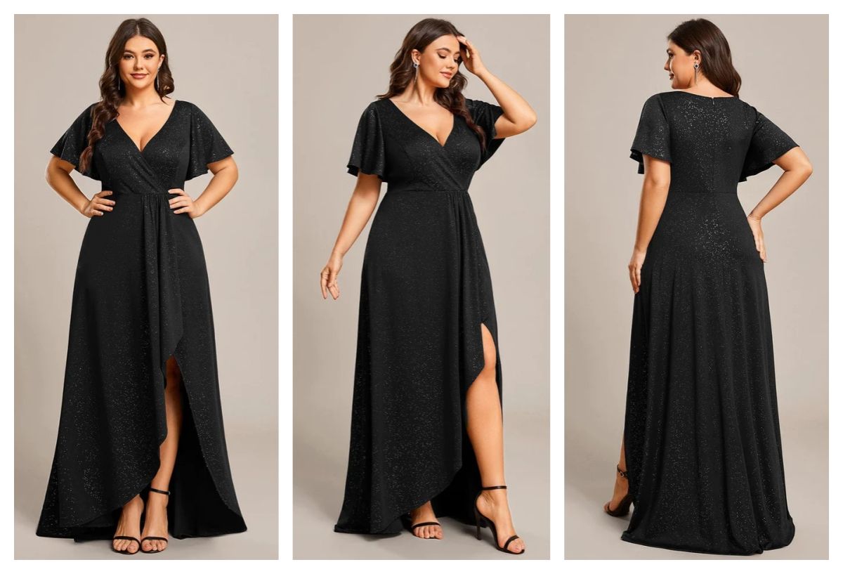 Plus Size Glitter Ruffled High-Low Front Slit Formal Evening Dress