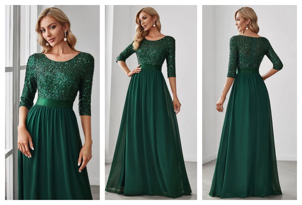 Round Neckline Long Sleeves Sequin Formal Evening Dress