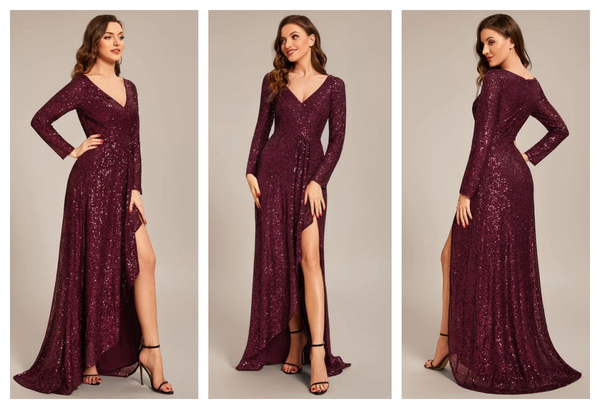 Sequin Long Sleeve V-neck Asymmetrical Hem Formal Evening Dress